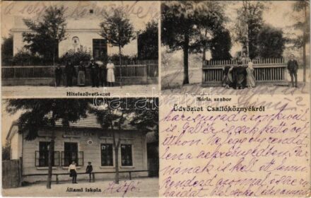 1922 Csallóköznyék, Nekyje na Ostrove (Nyékvárkony, Vrakún); Hitelszövetkezet, Mária szobor, Állami elemi iskola. Brunner Adolf fényképész / credit union, Virgin Mary statue, elementary school (EK)