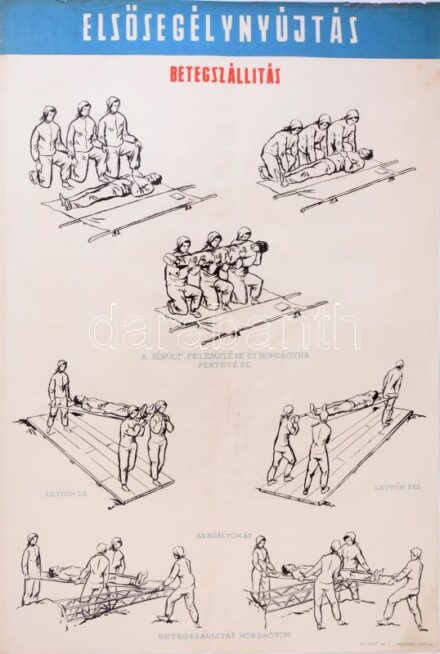 cca 1950 Elsősegélynyújtás - betegszállítás, propaganda plakát. Bp., Belügyminisztérium Polgári Védelem Országos Parancsnoksága Kiképzési Osztálya (BM PVOP Kik. O.), Offset (6000 példány), a felső részén kis szakadásokkal,