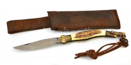 Egyedi készítésű vadászbicska szarvas agancs 28 cm, bőr tokkal