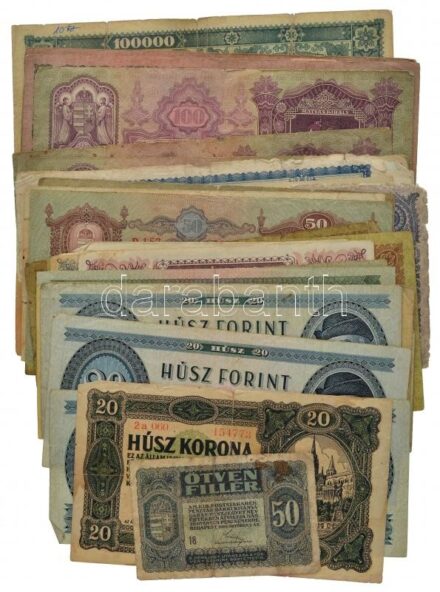 42db-os vegyes magyar, Korona-, Pengő- és Forint bankjegytétel T:III-IV