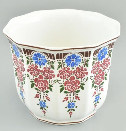 Kispesti kaspó, kézzel festett porcelán, jelzett, kopott, 12x15cm