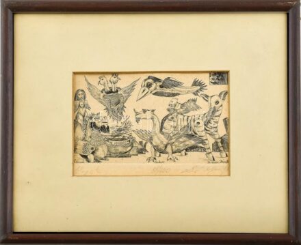 Zé Kovács József (1951-): Lények. Rézkarc, papír, jelzett, számozott (88/100), üvegezett fa keretben, 7,5×12 cm
