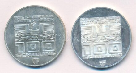 Ausztria 1976. 100Sch Ag 'Téli Olimpia Innsbruck' (2x) T:1,1 (eredetileg PP) Austria 1976. 100 Schilling 'Winter Olympics Innsbruck / Building and Olympic logo' C:UNC,UNC (originally PP) Krause KM#2927