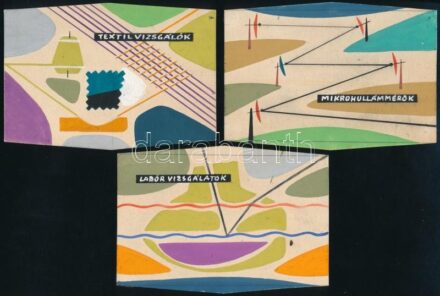 3 db retro reklámterv, 1960 körül. Tempera, ceruza, papír. Jelzés nélkül. 9x13 cm.