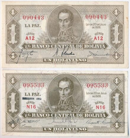 Bolívia 1928. 1B + 1928. 1B 'Emision 1952' felülbélyegzéssel T:I Bolivia 1928. 1 Boliviano + 1928. 1 Boliviano with 'Emision 1952' overprint C:UNC Krause P#128a, P#128c