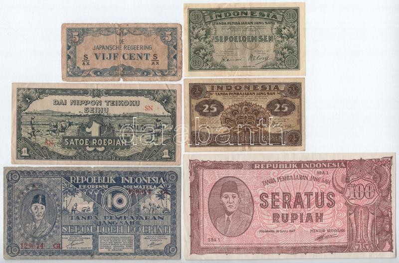Indonézia DN (1944.) 5c + DN (1944.) 1R + 1947. 10s + 1947. 25s + 1947. 10R + 1947. 100R T:III,III- Indonesia DN (1944.) 5 Cent + DN (1944.) 1 Roepiah + 1947. 10 Sen + 1947. 25 Sen + 1947. 10 Roepiah + 1947. 100 Roepiah C:F,VG Krause P#120,