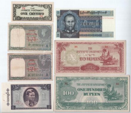 Burma / Japán megszállás 1942-1944. 10R + 100R + Burma 1945. 1R (indiai bankjegy 'Military Administration of Burma' felülbélyegzéssel) + 1947. 1R (indiai bankjegy 'Burma currency board' felülbélyegzéssel) + 1965. 1K + 1973. 5K +