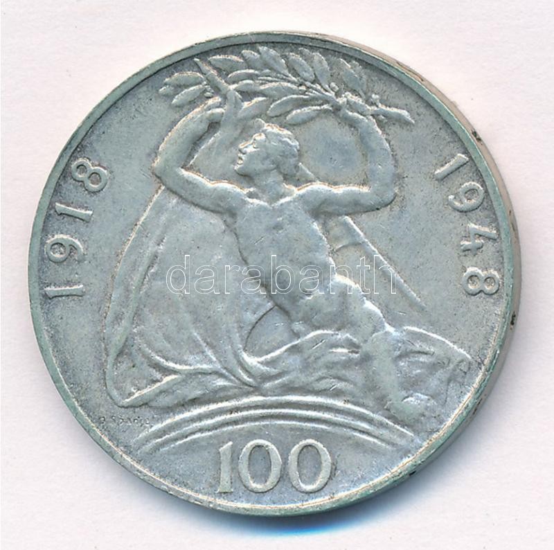 Csehszlovákia 1948. 100K Ag 'Függetlenség' T:1-,2 patina Czechoslovakia 1948. 100 Korun Ag 'Independence' C:AU,XF patina Krause KM#27