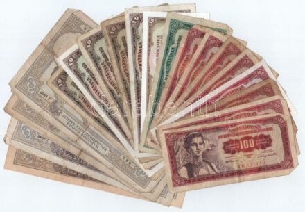 Jugoszlávia 1929. 100D 'I. Sándor' vízjel (2x) + Szerbia / Német megszállás 1941. 100D (2x) + Jugoszlávia 1955-1968. 10D-500D (15db) T:I-III- Yugoslavia 1929. 100 Dinara with 'Alexander I' watermark (2x) + Serbia / German occupation 1941.
