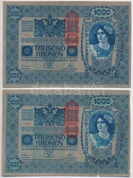 Ausztria 1919. (1902) 1000K, függőleges 'DEUTSCHÖSTERREICH' felülbélyegzéssel, mindkét oldal német (2x) T:III,III- Austria 1919. (1902) 1000 Kronen, with vertical 'DEUTSCHÖSTERREICH' overprint, both sides in german (2x) C:F,VG Krause P#58