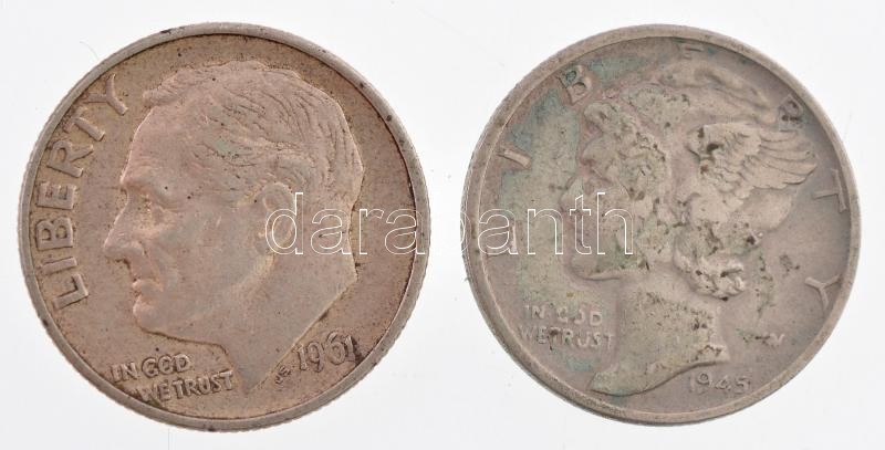Amerikai Egyesült Államok 1945-1961. 1d Ag (2xklf) T:2,2- USA 1945-1961. Dime Ag (2xdiff) C:XF,VF