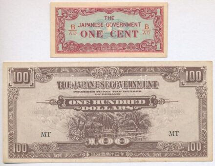Malaja / Japán megszállás 1942. 1c + 1944. 100$ 'MT' T:I-,II fo. Malaya / Japanese occupation 1942. 1 Cent + 1944. 100 Dollars 'MT' C:AU,XF spotted Krause P#M1b, P#M8b