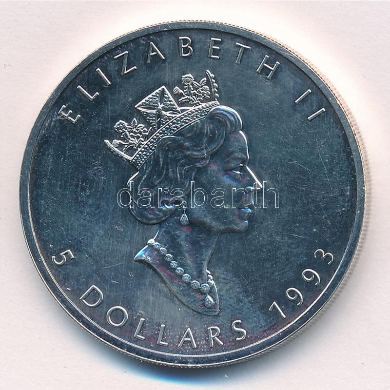 Kanada 1993. 5$ Ag 'II. Erzsébet / Juharlevél' (1oz/0.999) T:BU felületi karc Canada 1993. 5 Dollars Ag 'Elizabeth II / Maple Leaf' (1oz/0.999) C:BU slightly scratched
