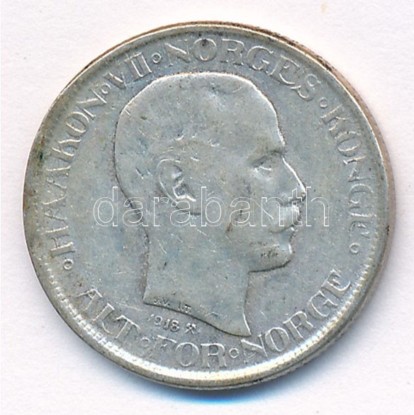 Norvégia 1918. 50ö Ag 'VII. Haakon' T:3 patina Norway 1918. 50 Öre Ag 'Haakon VII' C:F patina Krause KM#356