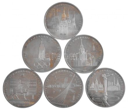 Szovjetunió 1977-1980. 1R Cu-Ni (6xklf) a moszkvai Olimpia sorozat darabjai eredeti díszdobozban: 'A moszkvai Olimpia logója', 'Kreml', 'Moszkvai Egyetem', 'Szputnyik és Szojuz', 'Dolgorukij emlékmű', 'Fáklya' T:1 (eredetileg PP) Soviet