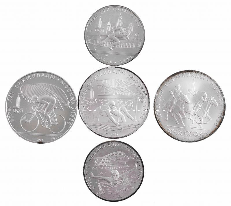 Szovjetunió 1978. 5R Ag 'Úszás' + 5R Ag 'Futás' + 10R Ag 'Kerékpározás' + 10R Ag 'Kajak-kenu' + 10R Ag 'Kajak-kenu' eredeti 'XXII. Nyári Olimpiai Játékok, Moszkva, 1980' műanyag dísztokban T:BU patina Soviet Union 1978. 5 Rubles Ag