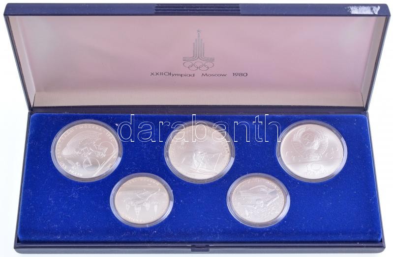 Szovjetunió 1978. 5R Ag 'Úszás' + 5R Ag 'Futás' + 10R Ag 'Kerékpározás' + 10R Ag 'Kajak-kenu' + 10R Ag 'Kajak-kenu' eredeti 'XXII. Nyári Olimpiai Játékok, Moszkva, 1980' műanyag dísztokban T:BU patina Soviet Union 1978. 5 Rubles Ag - Image 3