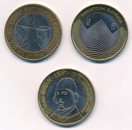 Szlovénia 2008. 3E bimetál 'EU elnökség' + 2009. 3E bimetál 'Edvard Rusjan' + 2011. 3E bimetál 'A függetlenség 20. évfordulója' T:1- Slovenia 2008. 3 Euro bimetallic 'EU presidency' + 2009. 3 Euro bimetallic 'Edvard Rusjan' + 2011. 3