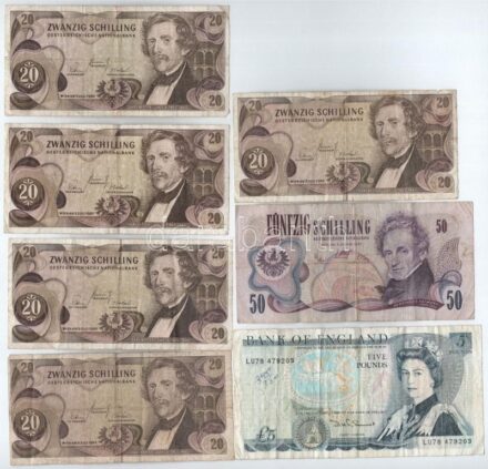 Ausztria 1967. 20Sch (5x) + 1970. 50Sch + Nagy-Britannia ~1980. 5P T:III Austria 1967. 20 Schilling (5x) + 1970. 50 Schilling + Great Britain ~1980. 5 Pounds C:F