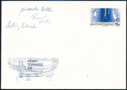 Csollány Szilveszter, Pánczél Miklós és Supola Zoltán tornászok aláírása az 1992 évi tornász EB alkalmi borítékján