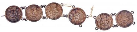 Szerbia 1915. 50p Ag 'I. Péter' (6x) az érmék fülekkel ellátva karkötővé alakítva T:2 patina Serbia 1915. 50 Para Ag 'Peter I' (6x) the coins with ears, refurbished as bracelet C:XF patina Krause KM#24.2