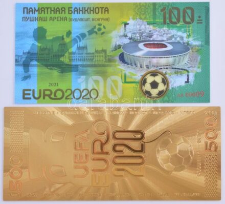 Oroszország 2021. 100R 'EURO 2020 - Puskás Aréna, Budapest' műanyag fantáziakiadás + 2021. 'EURO 2020' 500-as címletű aranyozott műanyag bankjegy T:I Russia 2021. 100 Rubles 'EURO 2020 - Puskas Arena, Budapest' plastic fantasy note +