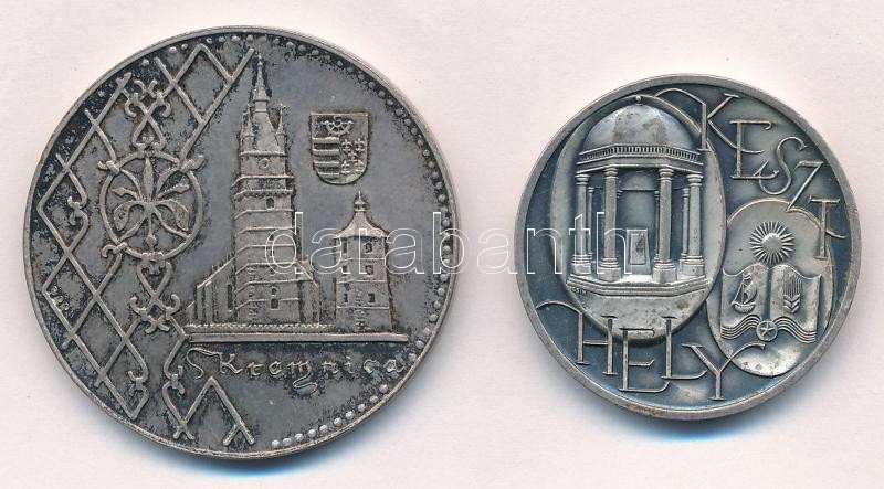 DN 'Keszthely' ezüstpatinázott fém (32mm) + 'Körmöcbánya' ezüstözött fém emlékérem (40mm) T:2