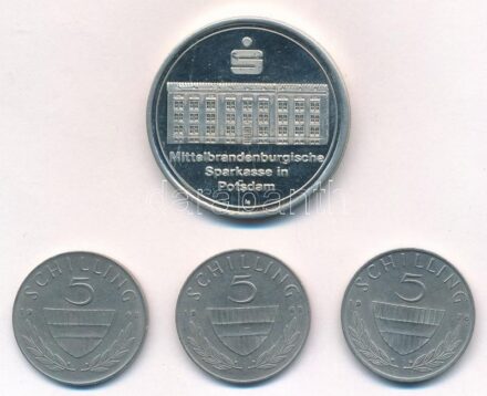 Vegyes: Ausztria 1968-1976. 5Sch Cu-Ni (3xklf) + Németország 1993. 'Mittelbrandenburgische Sparkasse in Potsdam' fém emlékérem T:2,1- (PP) Mixed: Austria 1968-1976. 5 Schilling Ag (3xdiff) + Germany 1993. 'Mittelbrandenburgische Sparkasse in