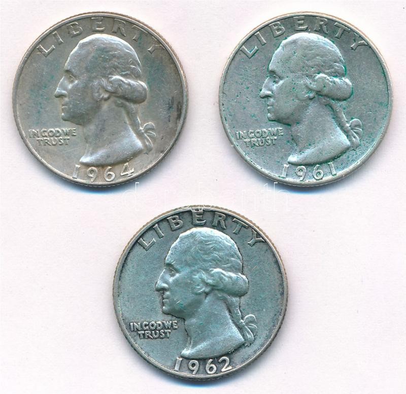 Amerikai Egyesült Államok 1961D-1964. 1/4$ Ag 'Washington' (3xklf) T:2,2- patina USA 1961D-1964. 1/4 Dollar Ag 'Washington' (3x) C:XF,VF patina Krause KM#164