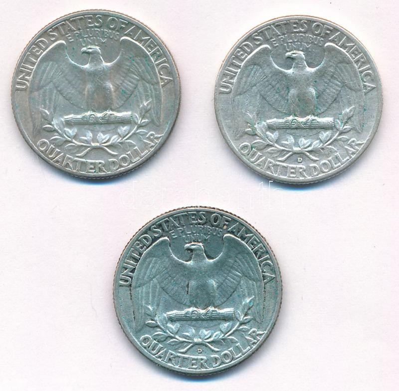 Amerikai Egyesült Államok 1961D-1964. 1/4$ Ag 'Washington' (3xklf) T:2,2- patina USA 1961D-1964. 1/4 Dollar Ag 'Washington' (3x) C:XF,VF patina Krause KM#164 - Image 2