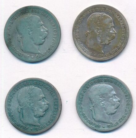 Ausztria 1893-1901. 1K Ag 'I. Ferenc József' (4xklf) T:2-,3 patina Austria 1893-1901. 1 Corona Ag 'Franz Joseph I' (4xdiff) C:VF,F patina Krause KM#2804,2820