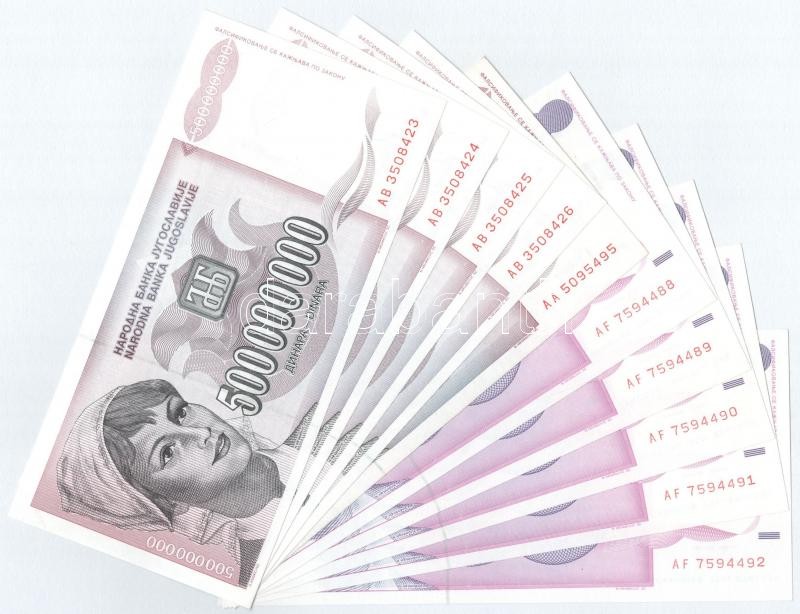Jugoszlávia 1992. 500D (5x) sorszámkövetők 'AF 7594488 - AF 7594492' + 1993. 500.000.000D (5x) négy darab sorszámkövető 'AB 3508423 - AB 3508426' és egy darab 'AA' sorozatú T:I,I- Yugoslavia 1992. 500 Dinara (5x) consecutive serials 'AF