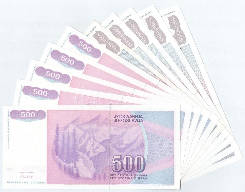 Jugoszlávia 1992. 500D (5x) sorszámkövetők 'AF 7594488 - AF 7594492' + 1993. 500.000.000D (5x) négy darab sorszámkövető 'AB 3508423 - AB 3508426' és egy darab 'AA' sorozatú T:I,I- Yugoslavia 1992. 500 Dinara (5x) consecutive serials 'AF - Image 2