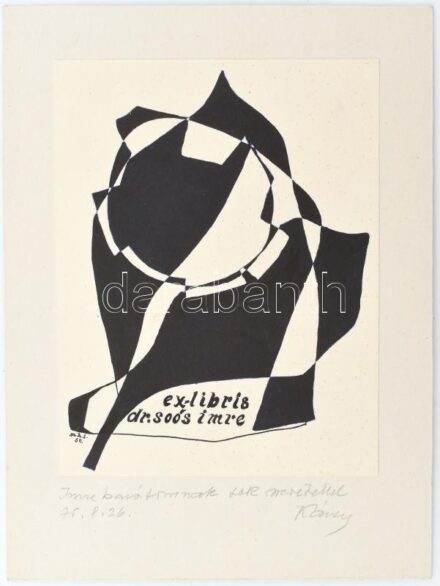 Szász Károly István (1909-1979): Ex libris dr. Soós Imre, 1969. Tus, papír, jelzett, kartonra kasírozva, karton alján Szász Károly István autográf ajándékozási soraival Soós Imre részére 1975-ből. Lapon egészen apró foltokkal.