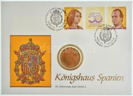 Spanyolország 1987. 500P Al-Br 'János Károly és Zsófia', 'Spanyol királyi ház' érmés borítékban, bélyeggel, bélyegzéssel T:2 Spanyolország 1987. 500 Peseta Al-Br 'Juan Carlos and Sofia' in 'Spanish royal house' in envelope with stamp
