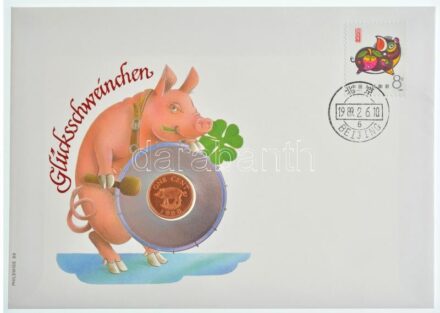 Bermuda 1988. 1c Br, 'Szerencsemalac' felbélyegzett borítékban, alkalmi bélyegzéssel, német nyelvű leírással T:1- patina Bermuda 1988. 2 Cent Br 'Bermuda-szigetek 1988. 1 Cent in 'Fortune pig' in envelope with stamp, with German