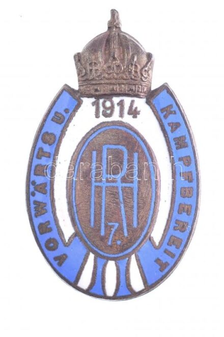 Osztrák-Magyar Monarchia 1914. '7. Huszárezred - Előre és harcra kész' zománcozott bronz jelvény (35x21mm) T:2 Austrian-Hungarian Monarchy 1914. 'Husaren-Regiment Nr. 7 - Vorwärts u. Kampfbereit' enamelled bronze button (35x21mm) C:XF