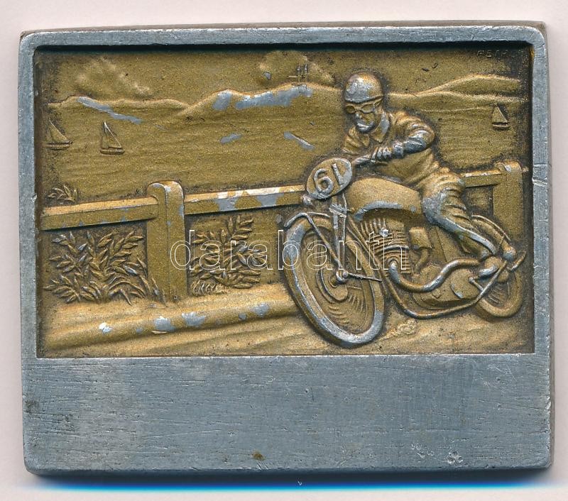 ~1940. Balatoni gyorslevente motorkerékpárverseny Al plakett felirat nélkül, részben festett, 'PETRO' gyártói jelzéssel (50x59mm) T:2