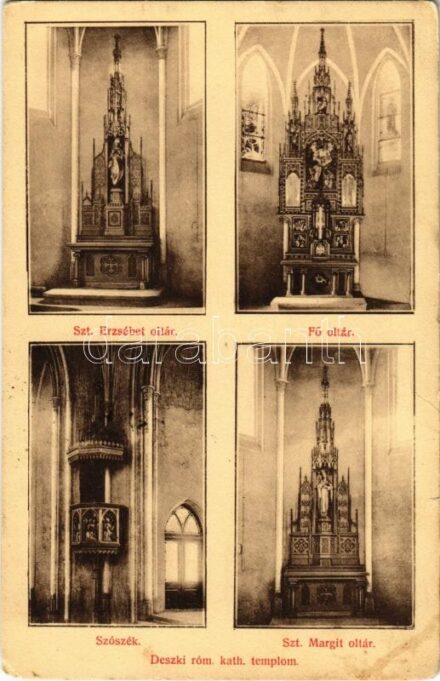 Deszk, Római katolikus templom, Szent Erzsébet oltár, Főoltár, Szószék, Szent Margit oltár. Divald Károly műintézete (EM)