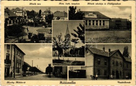 Mátészalka, Hősök tere, Római katolikus templom, Hősök iskolája és Tüdőgondozó, Horthy Miklós út, Balaton szálloda, Vasútállomás. Fonalka Sándor kiadása (Rb)