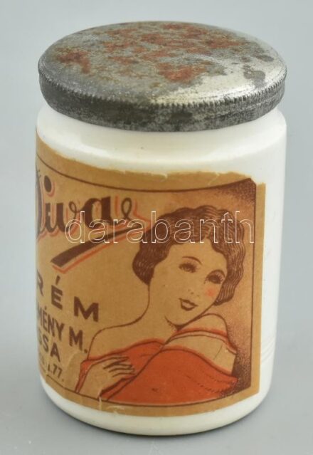 Gyógyszeres tégely, porcelán, Dr. Kemény M. gyógyszertára Kassa Diva krém, kopott, rozsdás m: 5cm