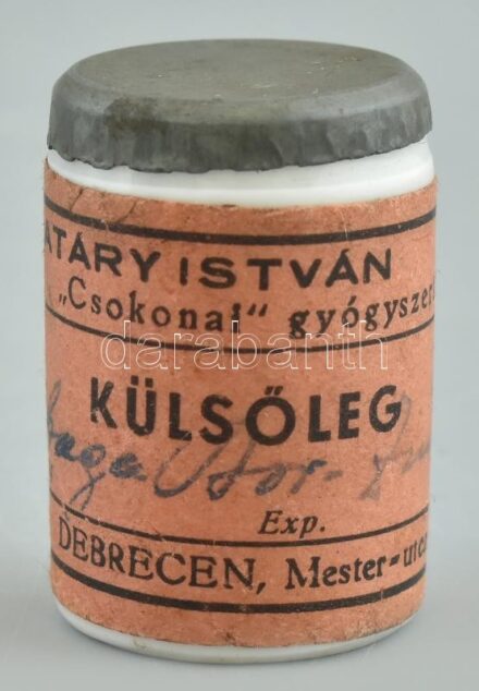 Gyógyszeres tégely, porcelán, Batáry István gyógyszertára Debrecen krém, kopott, rozsdás m:4cm