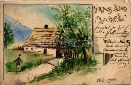 1900 Tölgyeshegy, Zubna, Zubné (Homonna, Humenné); vízimalom. Wilhelm Novotny saját kézzel rajzolt szecessziós képeslapja / watermill. Art Nouveau, hand-painted postcard + 'UDVA ZEMPLÉN VM' (szakadás / tear)