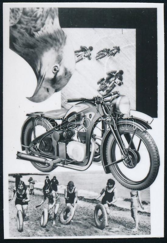 cca 1930-as 1940-es évek, ismeretlen kollázs/montázs készítő művész alkotásainak későbbi prezentációja, miniatűr fotón, 5x3,4 cm