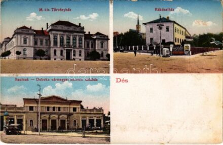 1914 Dés, Dej; M. kir. törvényház, Rákóczi ház, Szolnok-Doboka vármegye nemzeti színháza. Gálócsi Samu kiadása / court, Solnoc-Dabaca county theatre, house (EB)