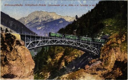 Mittenwaldbahn (Karwendelbahn), Schloßbach-Brücke / Schlossbach Bridge of the Mittenwald Railway, train (EB)