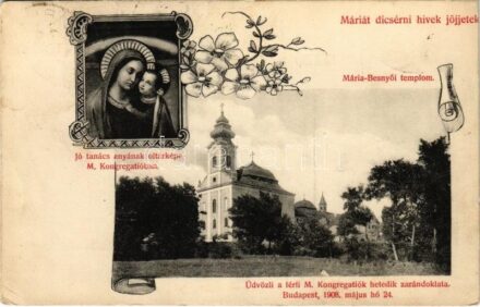 1908 Máriabesnyő (Gödöllő), Kegytemplom. Jó tanács anyának oltárképe M. Kongregatióban. Art Nouveau, floral 'Üdvözli a férfi M. Kongregatiók hetedik zarándoklata. Budapest, 1908. május 24.' (EK)
