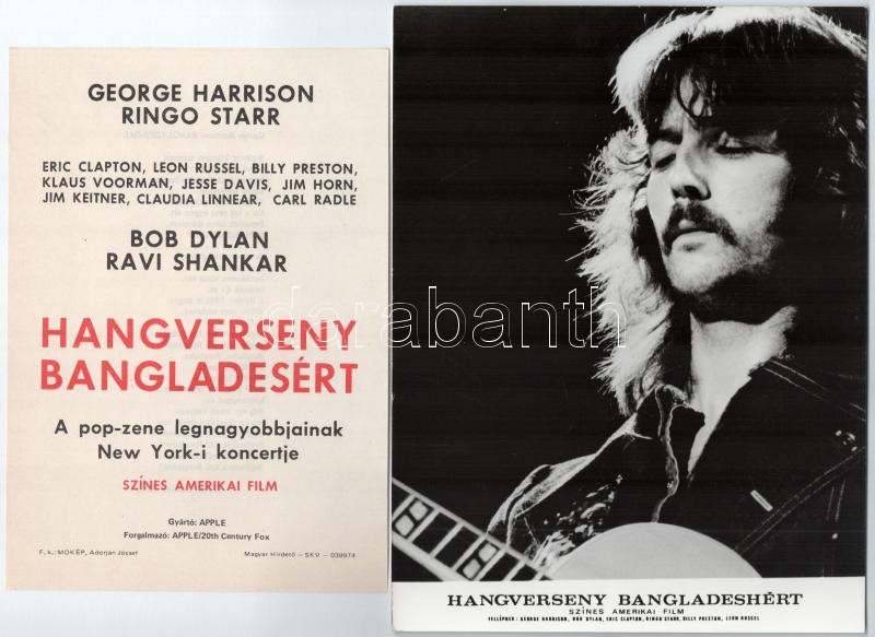 1971 George Harrison, Ringo Starr, Bob Dylan, Ravi Shankar és mások segélykoncertje Bangladesért, az erről készült filmet Magyarországon is bemutatták (1972), a tételben a film 7 db produkciós filmfotója szerepel + hozzáadva egy magyar