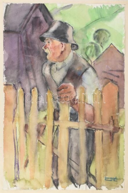 Ducsay Béla (1893-1967): Öreg a kerítésnél (Borszék, 1943). Akvarell, merített papír. Jelzett, hátoldalán pecséttel: 'Ducsay Béla festőművész hagyatéka', 48x31 cm