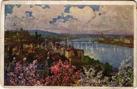 1918 Budapest I. Királyi vár a Gellért-hegyről nézve, Tabán, Döbrentei tér, Lánchíd. Művészlevelezőlap Hausner H. 7014/2. (EM)